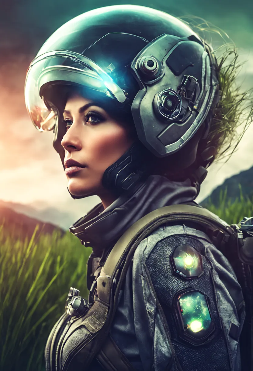 award winning closeup photo of a female (sci-fi explorer:1.3) wearing helmet with hexagonal glass visor, [Style-Psycho::10], bes...