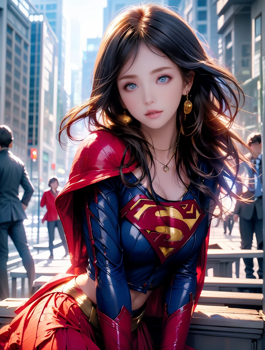 masterpiece, 4k, 8k, high quality, highly detailed, detailed face, HDR, vivid colors, natural lighting, Best Shadows, Shallow Depth of Field, Portrait of (Supergirl:1.1) standing on a rooftop, smiling, red skirt, red cape, red boots with heels, delicate, alluring blue eyes, lovely medium breasts, blonde, (Superman symbol on chest:1.2), bare legs, open navel, blue sky, sunlight, clouds, sun, bloom,