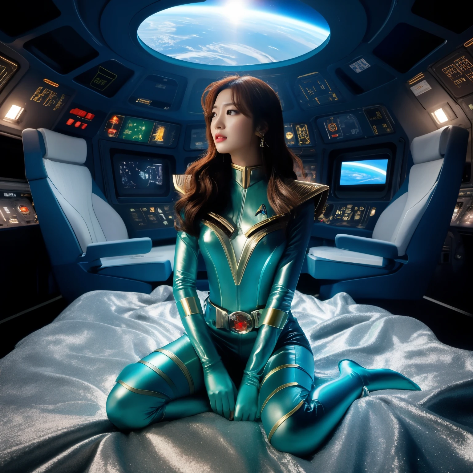 photos realistic、Raw photo、​masterpiece、High Quality、Amazing quality、It looks like a photo、An arafe woman wearing a super uniform sitting on a bed, powerful woman sitting in space, as a retro futuristic heroine, as a retrofuturistic heroine, Beautiful woman wearing super uniform, 60's sci-fi pinup style, star trek asian woman, in spacecraft, 未来のin spacecraft, in spacecraft, park shin hye as a super villain