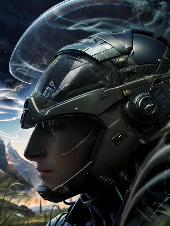 award winning closeup photo of a female (sci-fi explorer:1.3) wearing helmet with hexagonal glass visor, [Style-Psycho::10], bes...