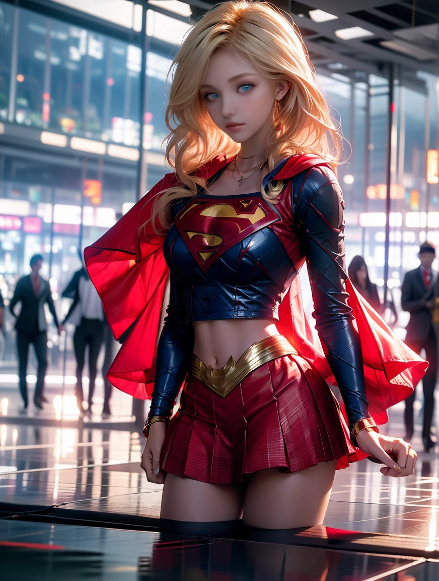 masterpiece, 4k, 8k, high quality, highly detailed, detailed face, HDR, vivid colors, natural lighting, Best Shadows, Shallow Depth of Field, Portrait of (Supergirl:1.1) standing on a rooftop, smiling, red skirt, red cape, red boots with heels, delicate, alluring blue eyes, lovely medium breasts, blonde, (Superman symbol on chest:1.2), bare legs, open navel, blue sky, sunlight, clouds, sun, bloom,