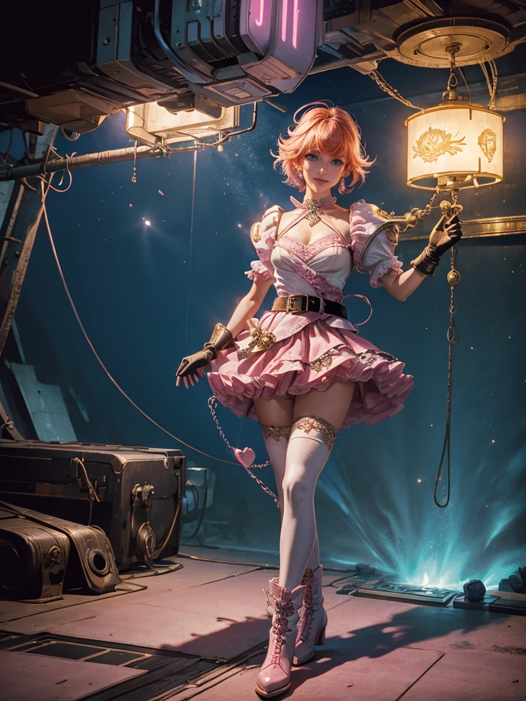 1girl, solo, cowboy shot, beautiful noralkyrie, looking at viewer, blush, smile, short hair, bangs, blue eyes, holding, hair between eyes, jewellery, medium breasts, collarbone, full body, shiny orange hair, grin, blue cropped jacket, white thighhighs, dynamic pose, metallic gloss, ((aesthetic cyberpunk)), (volumetric lighting), best quality, masterpiece, intricate details, tonemapping, sharp focus, hyper detailed, heart cut-out, gloves, jacket, pink skirt, pink belt, short sleeves, puffy sleeves, single armband, fingerless gloves, pink gloves, white ankle boots with pink soles, cyberpunk city background