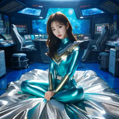 An arafe woman wearing a shiny blue suit and sitting on the bed, iu lee ji-eun as a super villain, powerful woman sitting in spa...