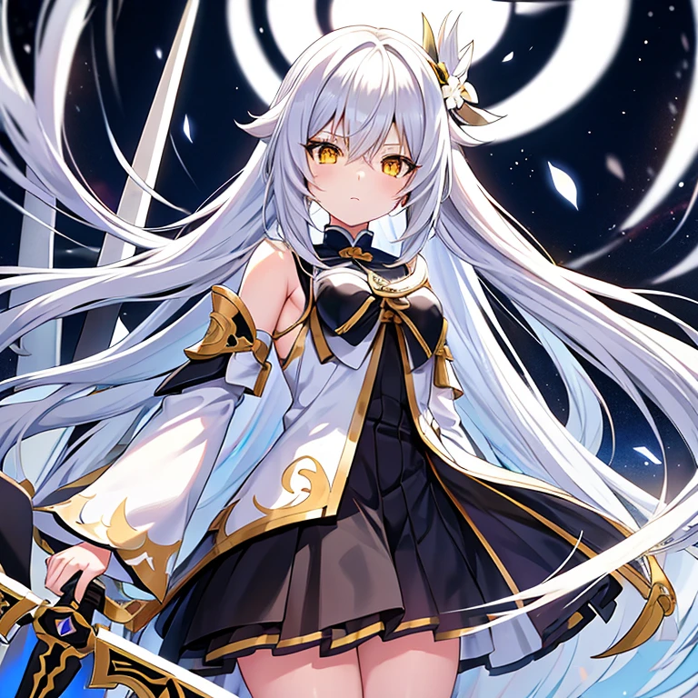 Black anime girl with long white hair in white costume, Yellow eyes, With a sword, Innocent Genshin style