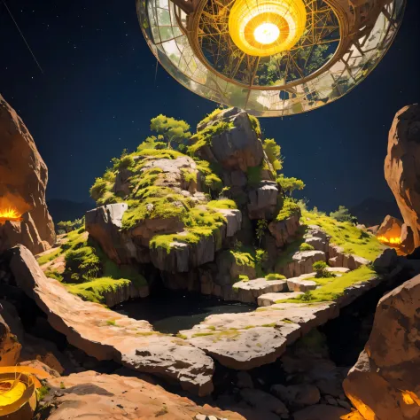 Alien Hexagonal Base (very detailed nipples) In a hexagonal mountain oasis，There are several hexagonal exhaust fans and chimneys, some neon lights projecting from the base，Light up the dark night), There are some clouds in the night sky, Some surrounding p...