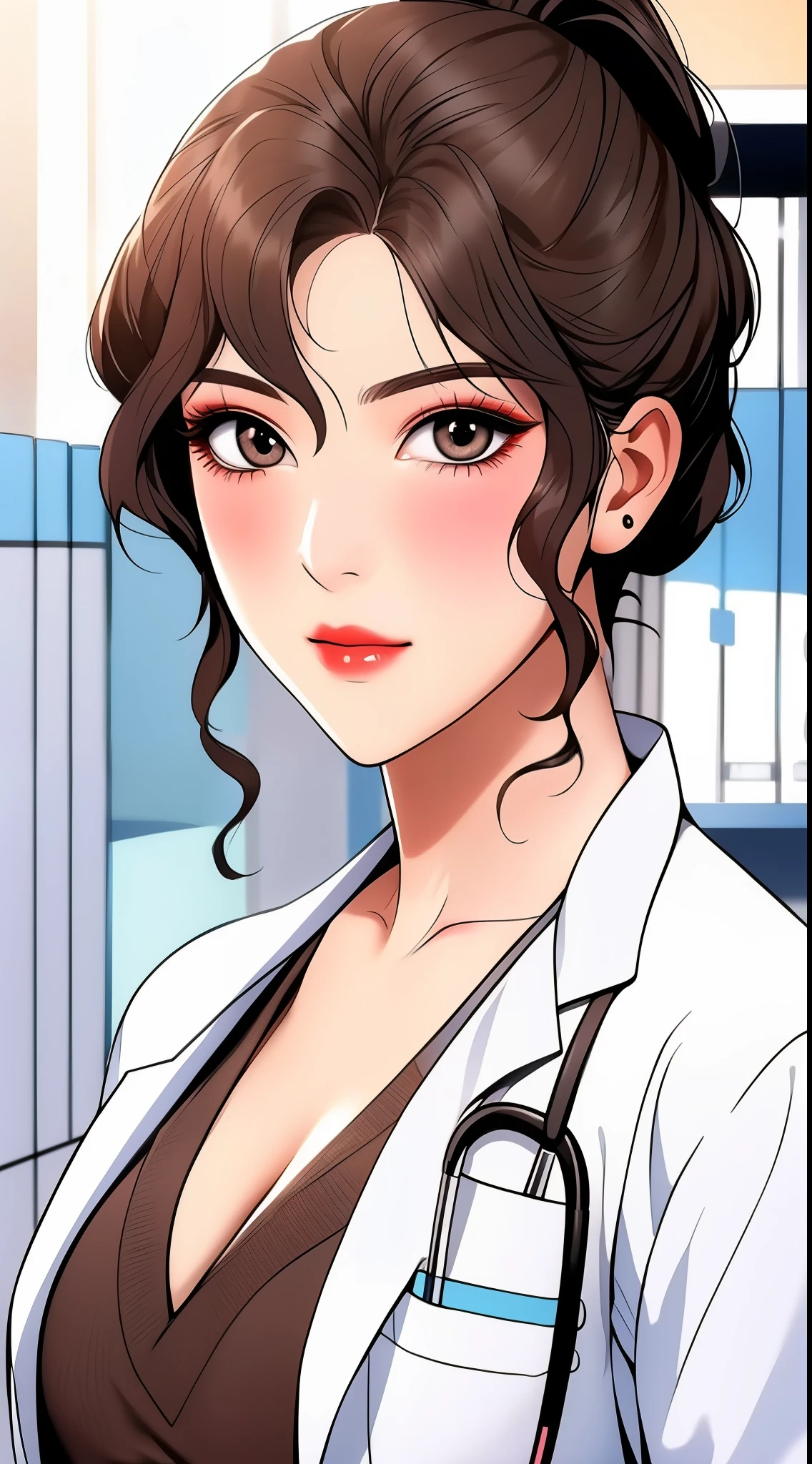 (beautiful hand:1.2), (masterpiece, best quality:1.3), Aiko Katsuragi, mature female, beautiful face, pretty face, (half body shot:1.05), 1girl, makeup, big breasts, lipstick, brown glowing eyes, folded ponytail, brown hair, cleavage, perfect body, (:1.3), (doctor, labcoat:1.2),  perfect eyes, perfect retina, blushed, eyeliner, eyeshadow, perfect face, smile (caring look:1.1), look at viewer, high sharpness, sharp focus, medical room, professional artwork, intricate details, vivid colors, Diffused lighting, digital blending, ultra detailed body, ultra detailed hair, ultra detailed face, trending on pixiv, for desktop wallpaper, flawless drawn