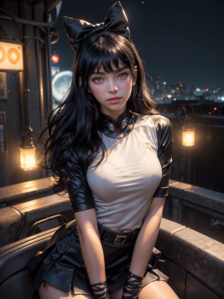 (masterpiece, stunning girlfriend, (standing:1.1), dynamic pose, heart shaped face, elegant face, beautiful face, highly detailed face, highly detailed skin, skin pores, subsurface scattering, realistic pupils, loving smile, looking at viewer, full face blush, full lips, detailed background, depth of field, atmospheric perspective, volumetric lighting, sharp focus, absurdres, realistic proportions, good anatomy, (realistic, hyperrealistic:1.4), 16k hdr (masterpiece, best quality:1.2), cowboy shot, solo, 1girl, blake belladonna, expressionless, closed mouth, looking at viewer, black hair bow, white t-shirt, skirt, cyberpunk city, neon signs, street, crowd, night, moon, moonlight, sitting in train