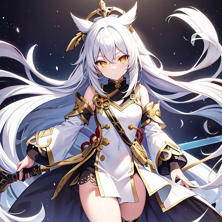 black anime girl with long white hair in white costume, yellow eyes, with a sword, innocent genshin style