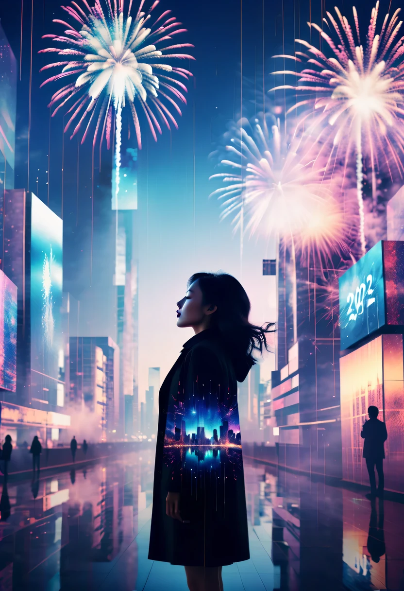 듀브렉 스타일,사이버네틱스가 하늘에 나타나다.The prospect of fireworks on 새해’s Eve 2024,화려한 불꽃놀이,(다중 노출1.8),(디지털 안내판,2024:1.5),기술 도시,인공지능 뉴런,네트워크 매트릭스,새해&#39;이브 비주얼 포스터,초현실적인 예술 스타일의 복잡한 포스터,超现实梦想새해海报,超现实科幻새해梦想海报，와이드 와이드 샷，드넓은 밤하늘，새해，대규모 불꽃놀이，여자 초상，이중 노출 효과，극적인 조명，생생한 coloong 노광 기술，창의적인 구성，예술적인 사진，높은 대비，추상 요소，감정적으로 매혹적인，표정이 풍부한 눈，소프트 포커스，모호한 배경，아름다운 입술 디테일다중 노출，서로 다른 관점、미래의 도시，고층 건물의 실루엣。질감이 맑아요、이미지 오버레이、테마의 조화로운 조화、예술 이야기、초현실적인 분위기、실험 기술、상상력이 풍부한 탐험、예술적 표현、예술적 해석、창의적인 실험、개인적인 이야기、계층화된 구성、천상의 미학、충격적인 시각적 효과、시각적 깊이、마법 같은 현실、시적인 분위기，상세한、세심한，시각적인 시