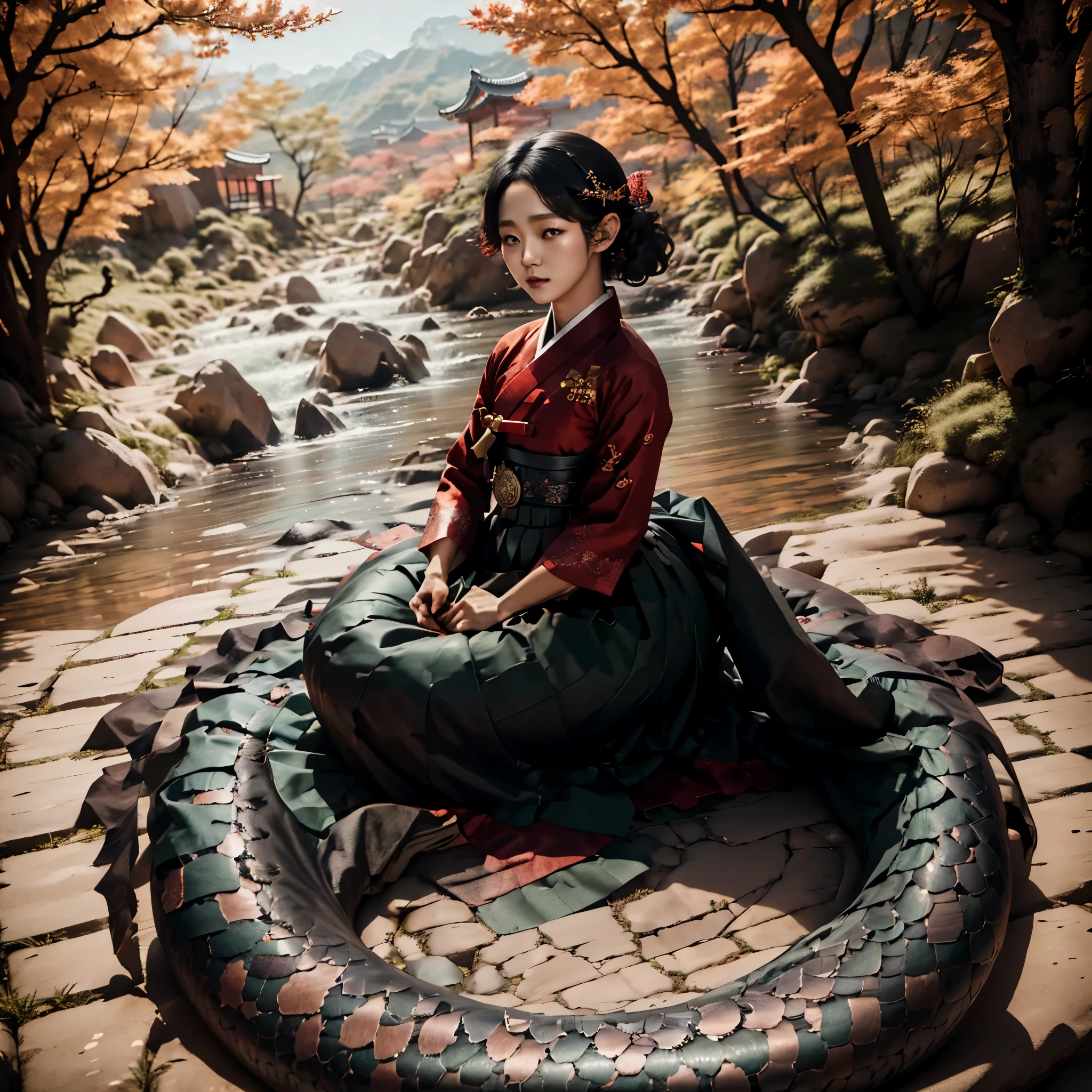 escamas pretas(melhor qualidade,4K,8K,alta resolução,Obra de arte:1.2),ultra-detalhado, Deusa Coreana Eopsin, Kim Go-eun, vestindo Hanbok vermelho, Top amarelo, escamas de lâmia negra, olhando para o espectador, desenhado no estilo de Yoshitaka Amano, hdr, 8K, absurdos, Cinemastill 800, foco nitído