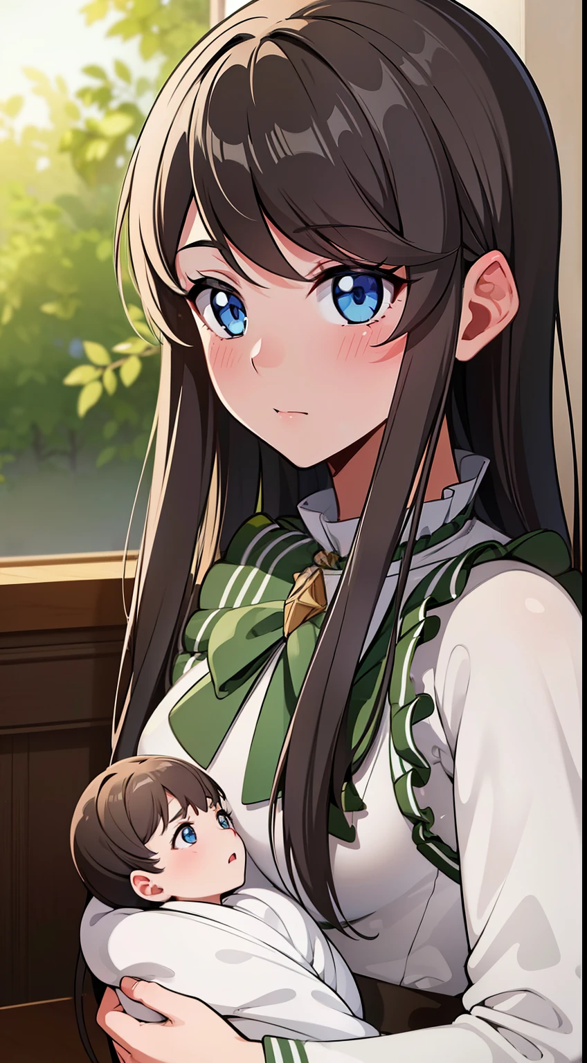 quality, masterpiece, highly detailed, 8k, masterpiece, tilly wimbledon, 1girl, blush, detailed face, detailed eyes, small breast, blue eyes, holding her baby offspring