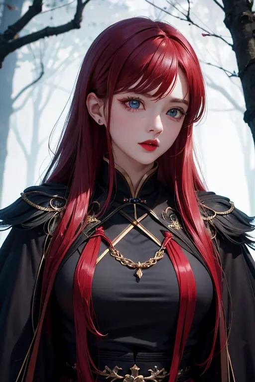 Best quality, 超高分辨率, 4K detailed CG, tmasterpiece, Generate an image of a red-haired woman, light blue  eyes, Wearing detailed b...