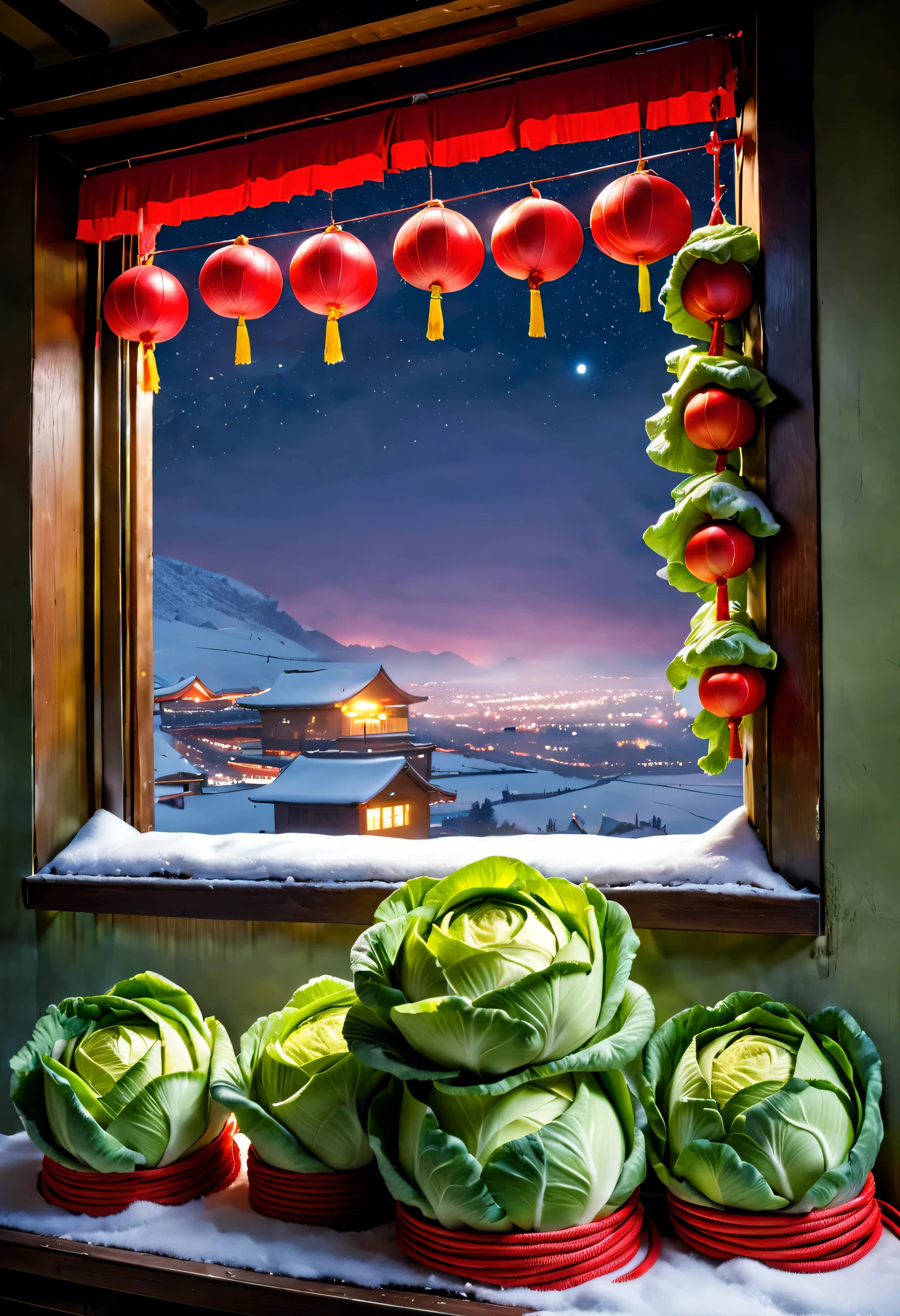 东北乡村雪景 夜晚烟花绽放, (窗台上堆满了用红绳绑着的东北白菜.),