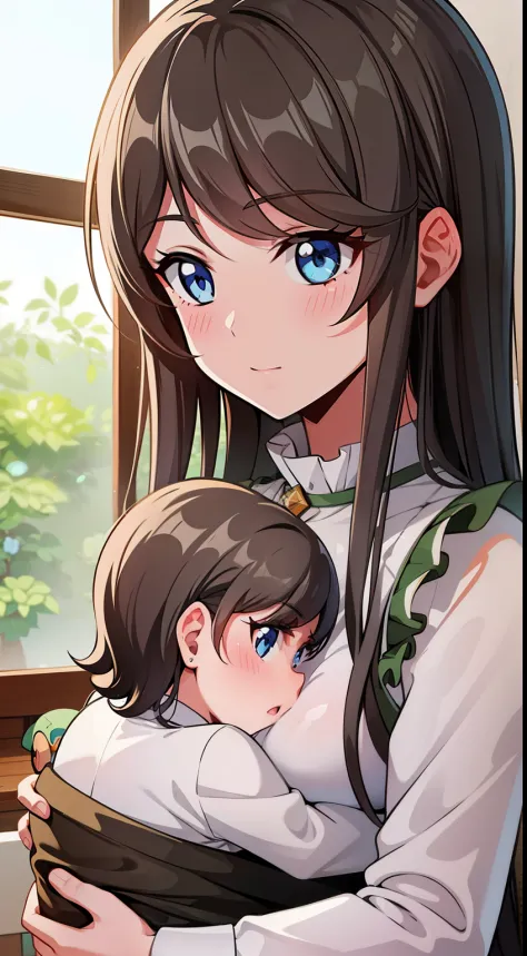 quality, masterpiece, highly detailed, 8k, masterpiece, tilly wimbledon, 1girl, blush, detailed face, detailed eyes, small breast, blue eyes, holding her baby offspring, happy, hugging her baby
