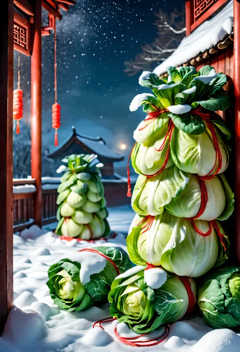 Snow-covered northeastern countryside festival night，（There are piles of Northeastern cabbage tied with red strings on the windo...