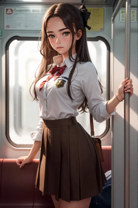 {there is a young girl standing on a train. she is beautiful, and attractive. she is wearing a european school uniform. she has ...