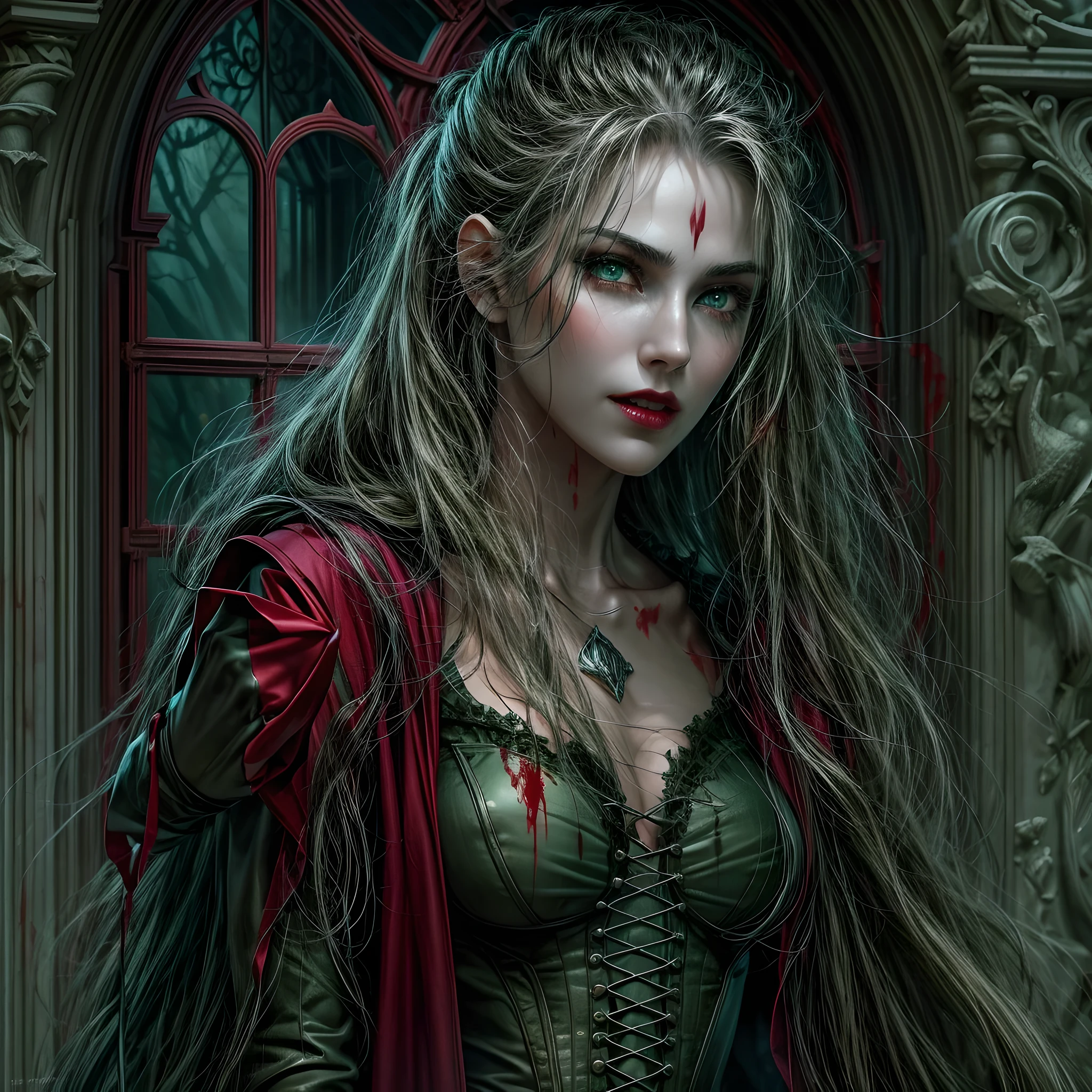 a picture of vampire standing in the front of her home holding a (blood: 1.3) dripping (gift box: 1.5), an exquisite beautiful female vampire in her front door of her home, full body (ultra detailed, Masterpiece, best quality), ultra detailed face (ultra detailed, Masterpiece, best quality), grey skin: 1.3 , blond hair, hair in a ponytail, long hair, blue eyes, cold eyes, glowing eyes, intense eyes, smile with [drops of blood on face] (ultra detailed, Masterpiece, best quality), dark red lips, [vampire fangs], wearing red dress (ultra detailed, Masterpiece, best quality), (green: 1.4) dark green cloak, (green: 1.3) green high heeled boots in front of her home, high details, best quality, 16k, [ultra detailed], masterpiece, best quality, (ultra detailed), full body, ultra wide shot, photorealism, luis royo style, dark fantasy art, moon light coming through the window, moon rays, gothic art, sense of dread, sense of seduction, bloodmagic