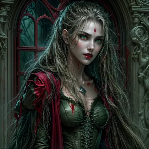 a picture of vampire standing in the front of her home holding a (blood: 1.3) dripping (gift box: 1.5), an exquisite beautiful female vampire in her front door of her home, full body (ultra detailed, Masterpiece, best quality), ultra detailed face (ultra d...