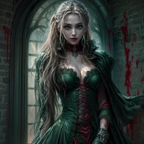 a picture of vampire standing in the front of her home holding a (blood: 1.3) dripping gift box, an exquisite beautiful female vampire in her front door of her home, full body (ultra detailed, Masterpiece, best quality), ultra detailed face (ultra detailed...