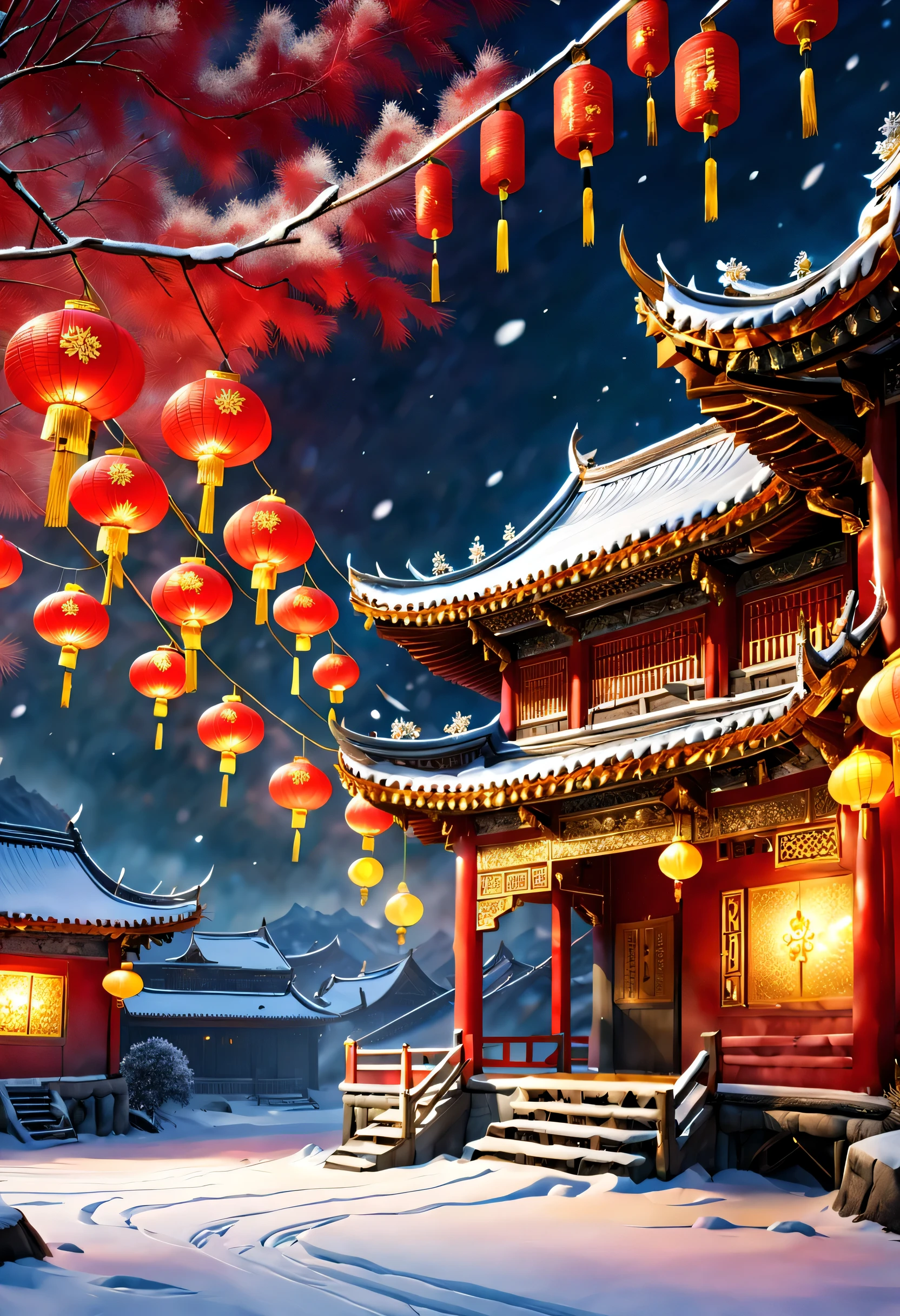 (Golden flower lanterns from southern China hang on red ropes under the eaves.:close up）Northeast Snow Country Fireworks Festival Night,,red gold and white outdoor,The content is very detailed, Best quality, A high resolution, tmasterpiece, photographyrealism, 8K, Perspectives, rustic, S Kahn,