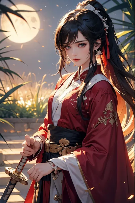 (Best quality at best,A high resolution,The image is clear，:1.2),A handsome young man holding a sword，Black Hanfu，Chinese style ...