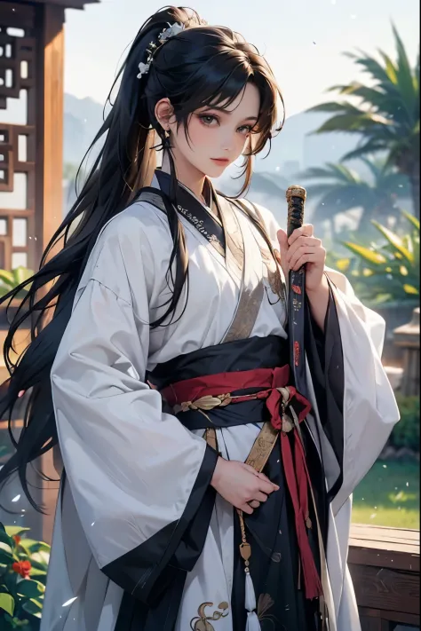 (Best quality at best,A high resolution,The image is clear，:1.2),A handsome young man holding a sword，Black Hanfu，Chinese style ...