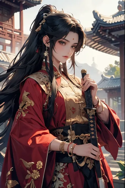 (Best quality,A high resolution,The image is clear，:1.2),A handsome young man holding a sword，Chinese-style clothes，high ponytai...