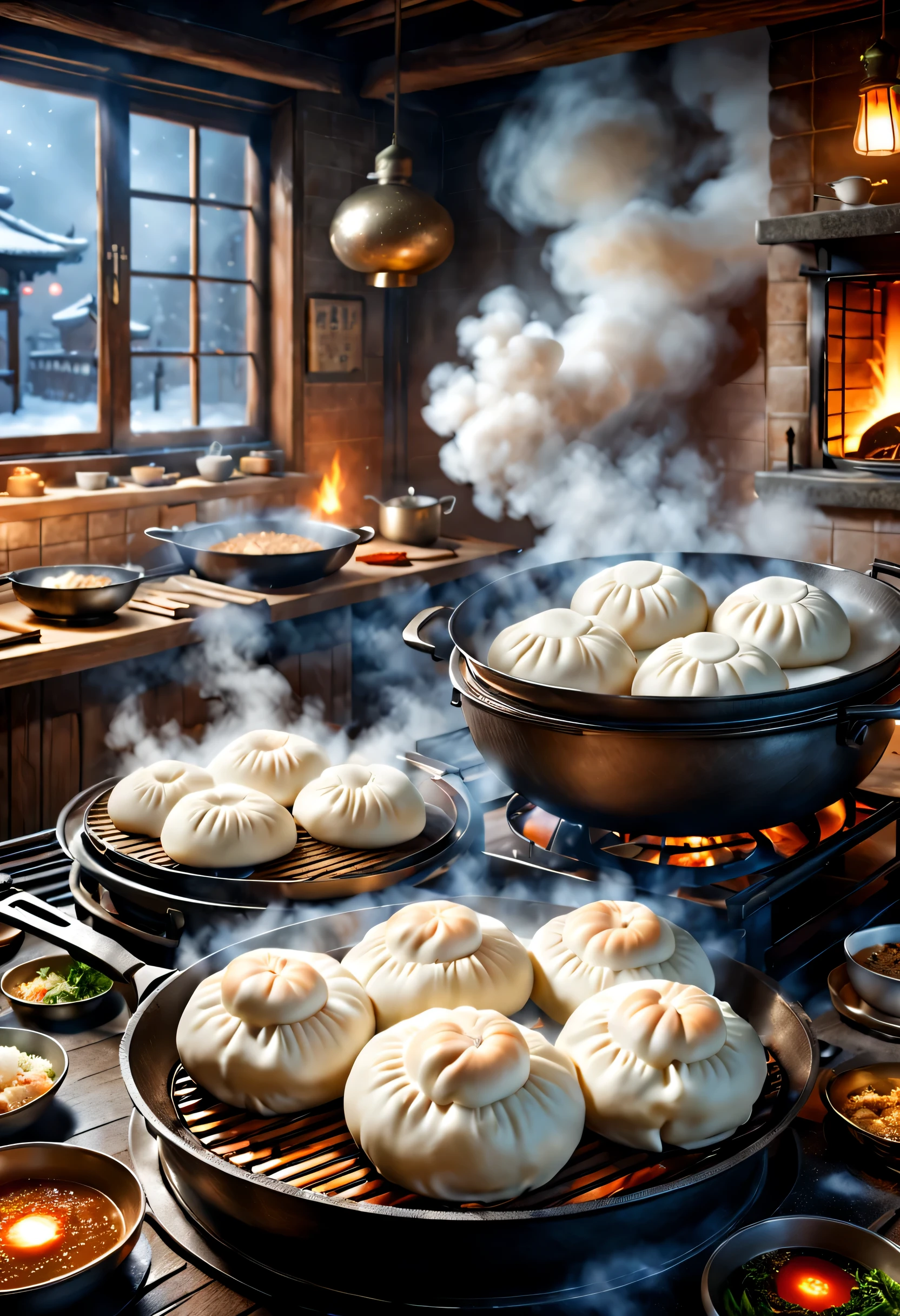 noite coberta de neve，东北Rústico节日烟花绽放, (Cozinhar pãezinhos no vapor em uma panela grande no fogão Nordeste),O conteúdo é muito detalhado, Melhor qualidade na melhor das hipóteses, Uma alta resolução, obra-prima, fotografiarealismo, 8K, Perspectivas, Rústico, S Kahn,