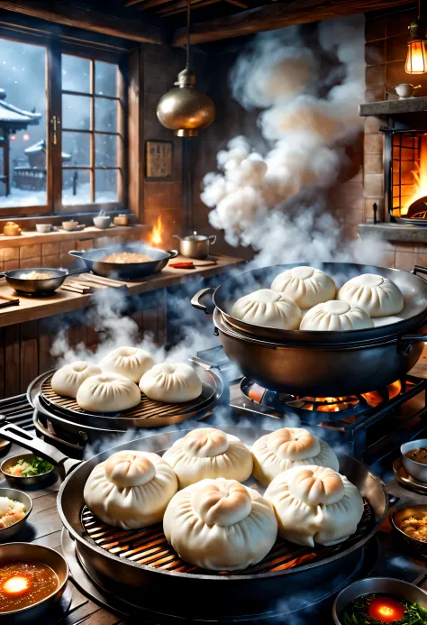snow covered night，东北rustic节日烟花绽放, (Steaming steamed buns in a big pot on the Northeast stove),The content is very detailed, Best quality at best, A high resolution, tmasterpiece, photographyrealism, 8K, Perspectives, rustic, S Kahn,