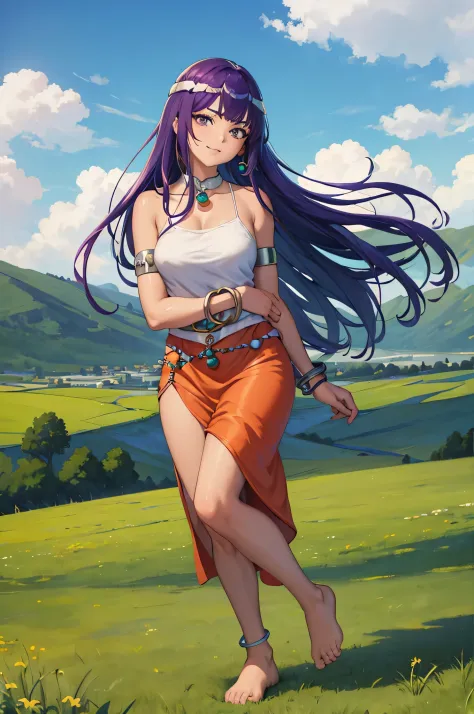 tmasterpiece, Best quality at best, dqmanya, circus, collars, bangle, armlets, 比基尼, Ren Baolin, , ssmile, looking at viewert, venue, sky sky, ​​clouds, grassy fields, everlasting，Tanned, sitted, Barefoot