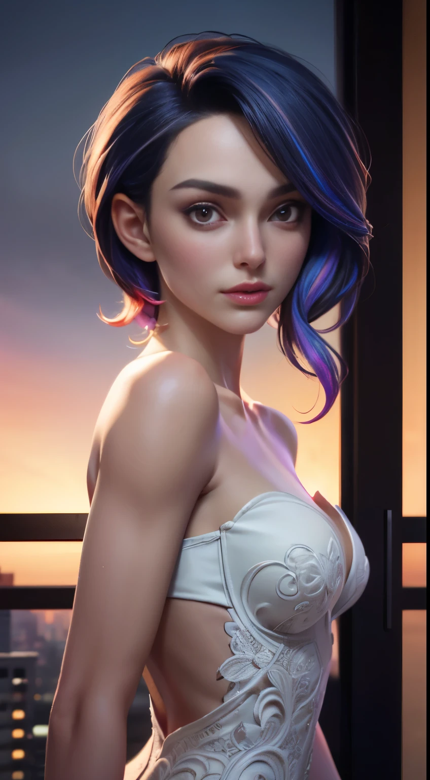 photo of movie star, RAW, beautiful woman, ((portrait)), ((detailed face:1.2)), (colorful rainbow hair:1.1), ((detailed facial feature, detailed skin, clear skin), (perfect proportioned body, medium breasts, poking nipples), arched back (wearing an elaborate dress), (high detailed city environment, apartment balcony), (realistic photo, best quality, detailed), (8k wallpaper), (cinematic lighting, dramatic lighting) (sharp focus, intricate)