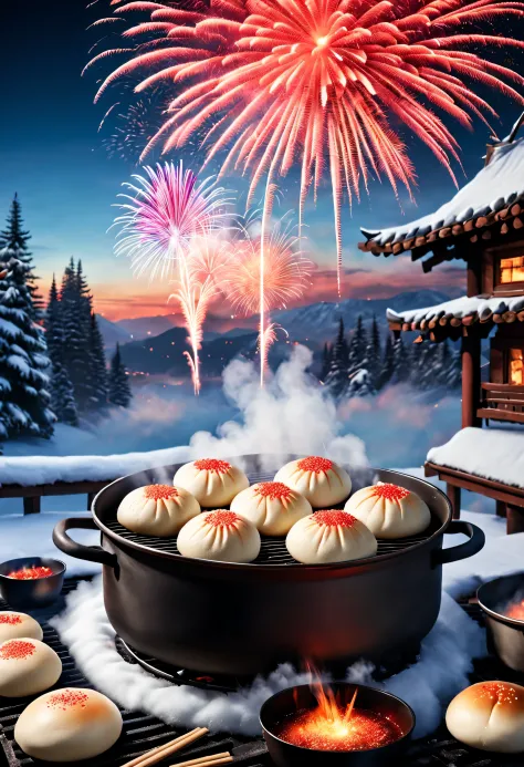 (In the big pot on the Northeastern stove，The steamed buns are steaming hot，There is a red dot in the middle of the bun),Backgro...