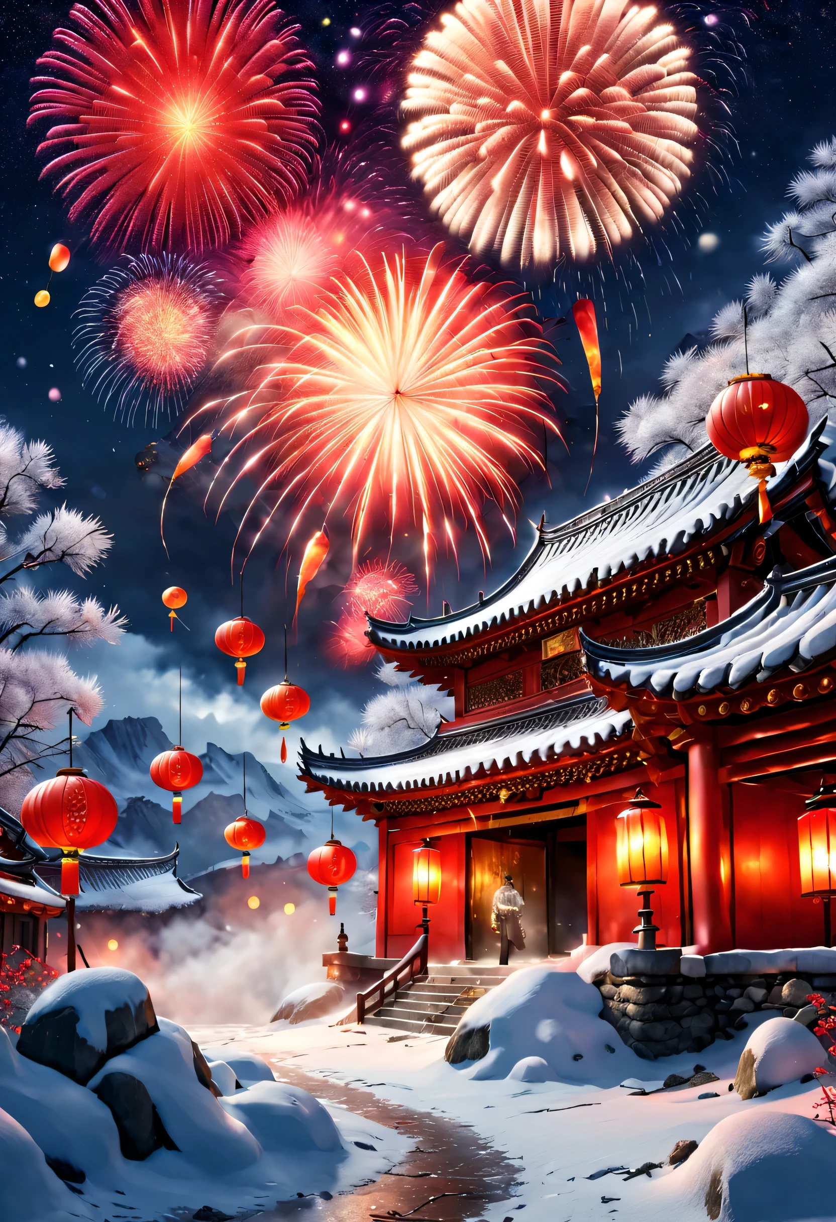 Rock sugar gourd，Background with：Northeast rustic temple festival fireworks explode on a snow-covered night,Fireworks explode on a snow-covered night，Big red lanterns hung high，The content is very detailed, Best quality at best, A high resolution, tmasterpiece, photographyrealism, 8k, Perspectives, rustic,