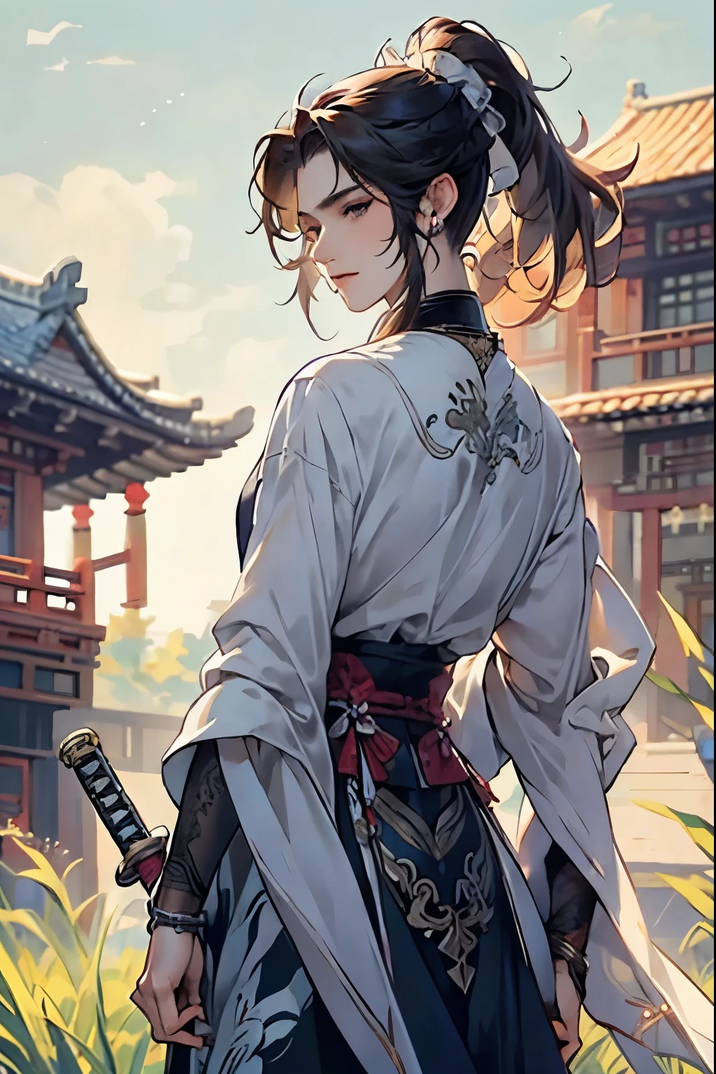 (Best quality at best,A high resolution,The image is clear，:1.2),A handsome young man holding a sword，Chinese style clothes，high ponytails，natta，Garden scene,under moonlight,starrysky