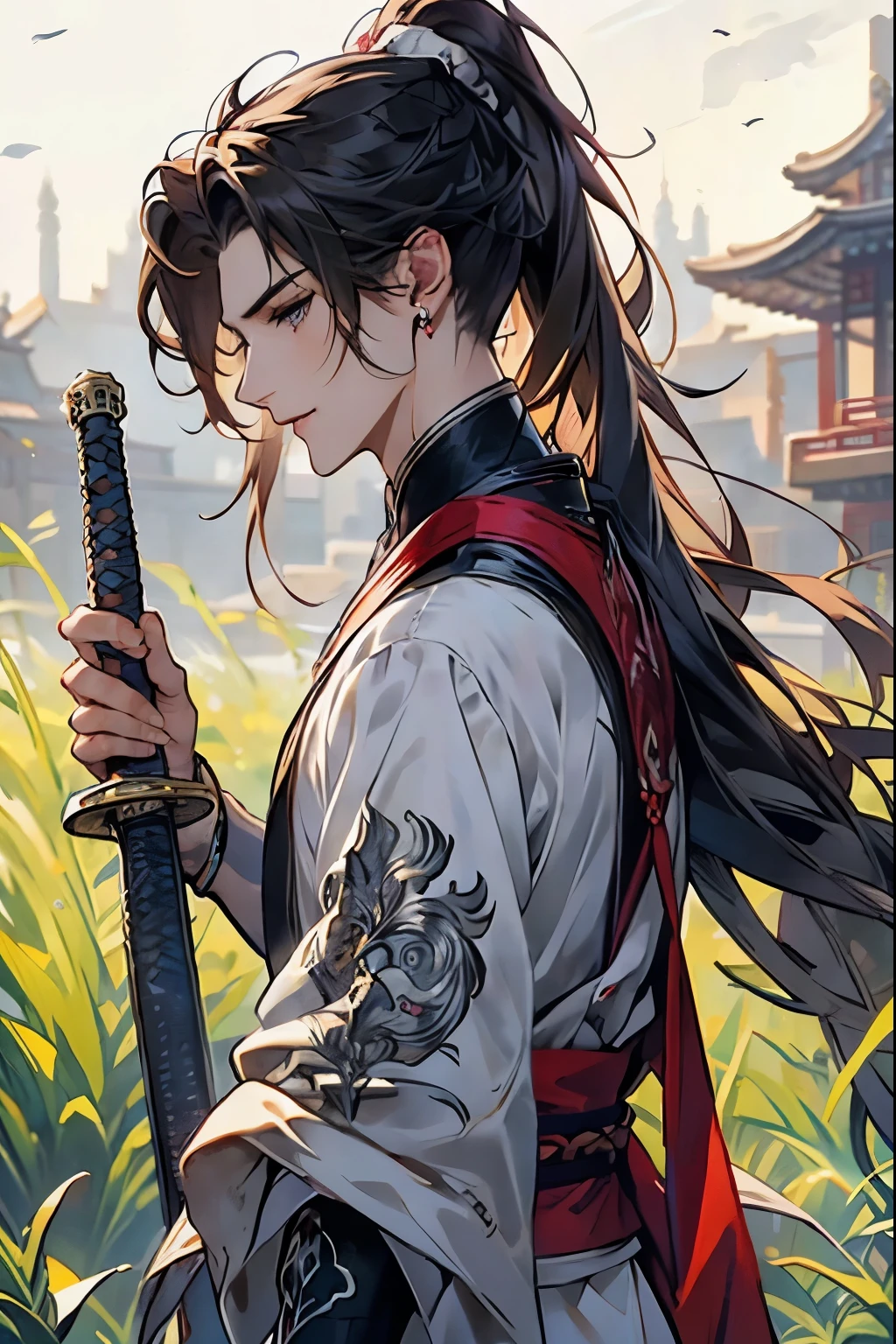 (Best quality at best,A high resolution,The image is clear，:1.2),A handsome young man holding a sword，Chinese style clothes，high ponytails，natta，Garden scene,under moonlight,starrysky