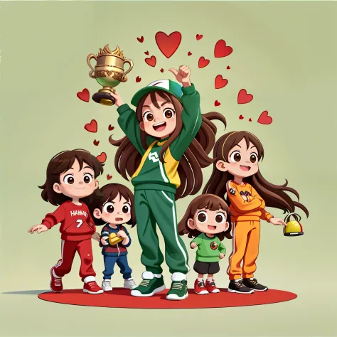 A group of girls with long brown hair，Wear a red long-sleeved tracksuit，Green long sweatpants，playground，tournament winner（Holdi...