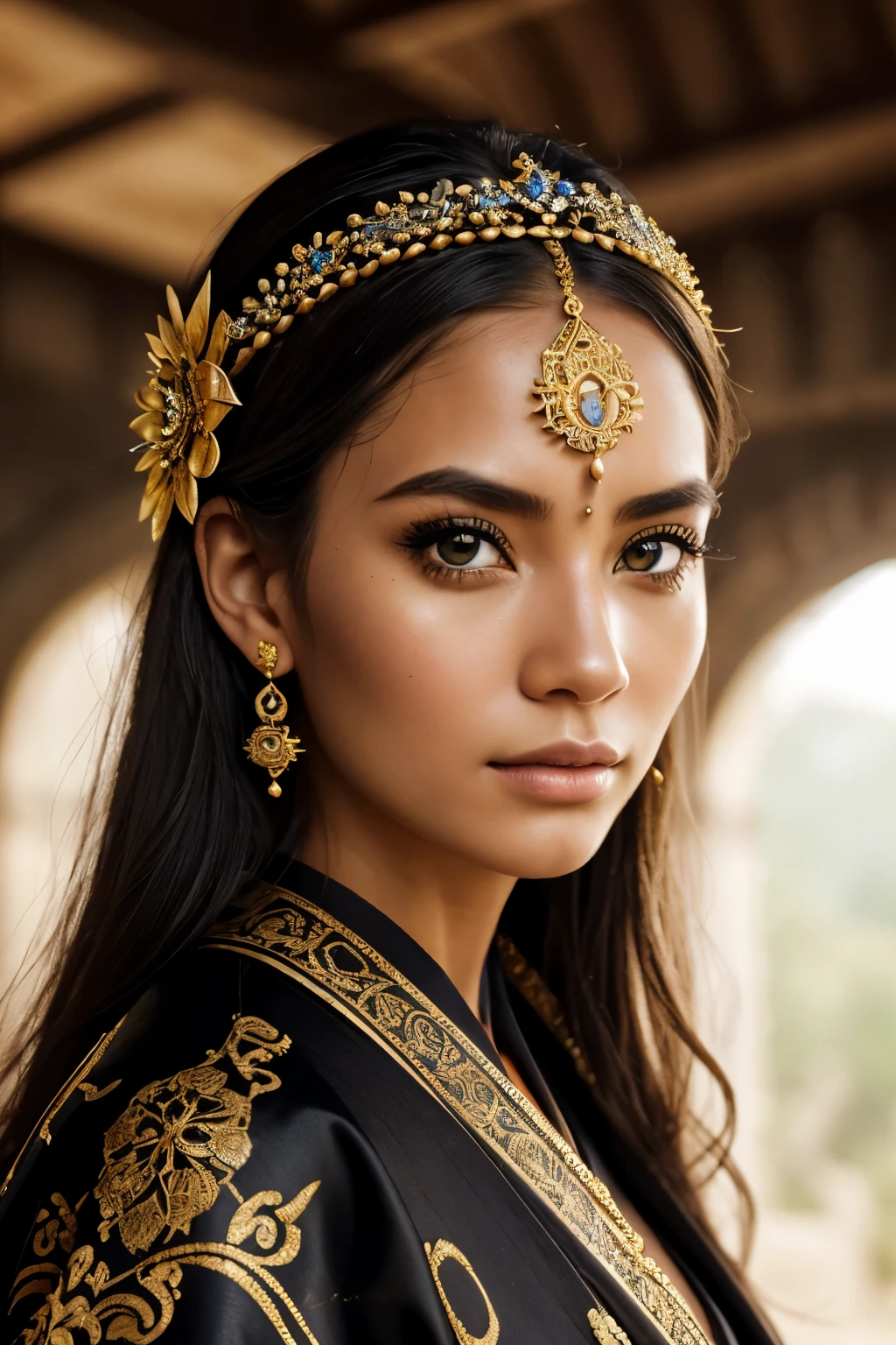 "close-up portrait of a girl wearing a haute couture crystal tunic upto her neck" by Steve McCurry,  golden and black face tattoos around her eyes, ((kimono)), (((volumetic light))), ((rays of light)), 35mm, F/2.8, insanely detailed and intricate, character, hypermaximalist, elegant, ornate, beautiful, exotic, revealing, appealing, attractive, amative, hyper-realistic, super detailed, popular on Flickr, detailed and complex background, ruins, castle ruins, ponst and ivys, hyperdetailed, choker necklace