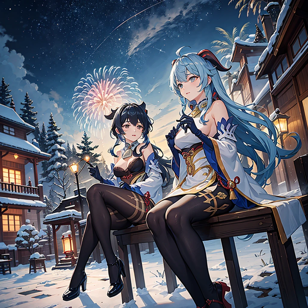 portrait,paysage,Peinture,illustration,embauché \(impact genshin\),Flocons de neige d&#39;hiver flottant,Ambiance festive,(grand feu d&#39;artifice dans le ciel nocturne),Feux d&#39;artifice étincelants,couleurs fascinantes,ambiance romantique,conception architecturale étonnante,Étoiles scintillantes,célébration de la nouvelle année,sentiment d&#39;excitation accablant,moment magique,composition inspirante et artistique. Meilleure qualité,4k,8k,haute résolution,chef-d&#39;œuvre:1.2,ultra-détaillé,Réaliste:1.37,