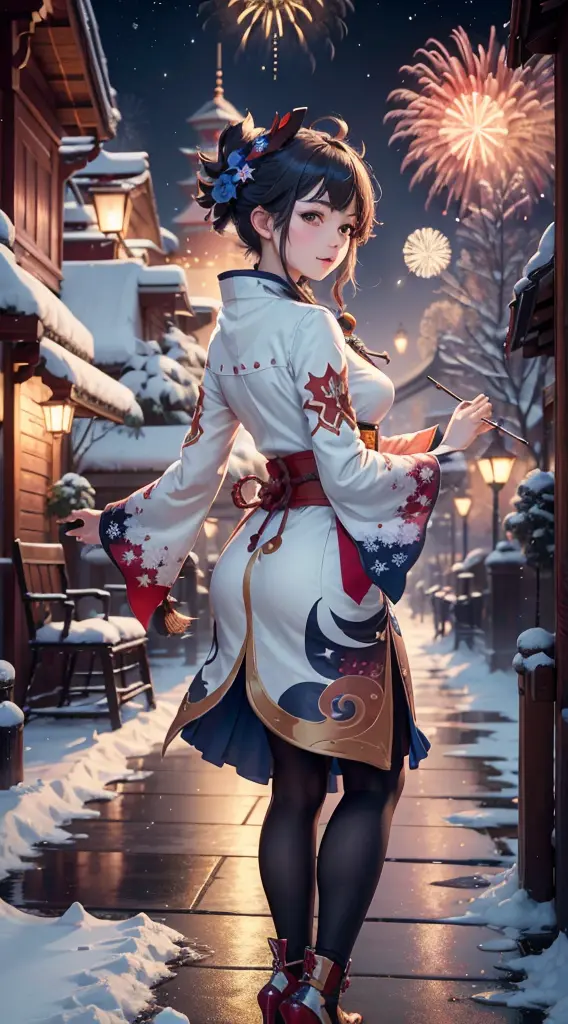 portrait,landscape,painting,illustration,ganyu \(genshin impact\),Winter snowflakes fluttering,festive atmosphere,(grand firewor...