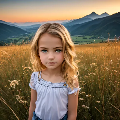 ((best quality)), ((Meisterwerk)), (Detailliert), Perfektes Gesicht, 13 year old girl in front of mountains at dusk, Kizi, 18 Ja...