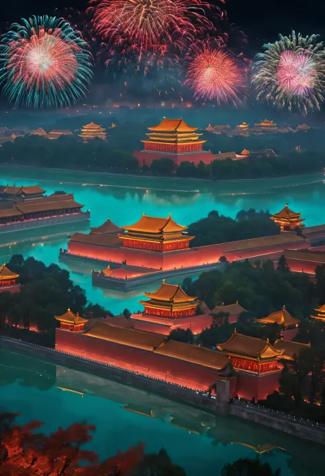 Gorgeous Forbidden City red and emerald green palace wall projection《Qingming upper river map》，Background with：Fireworks night