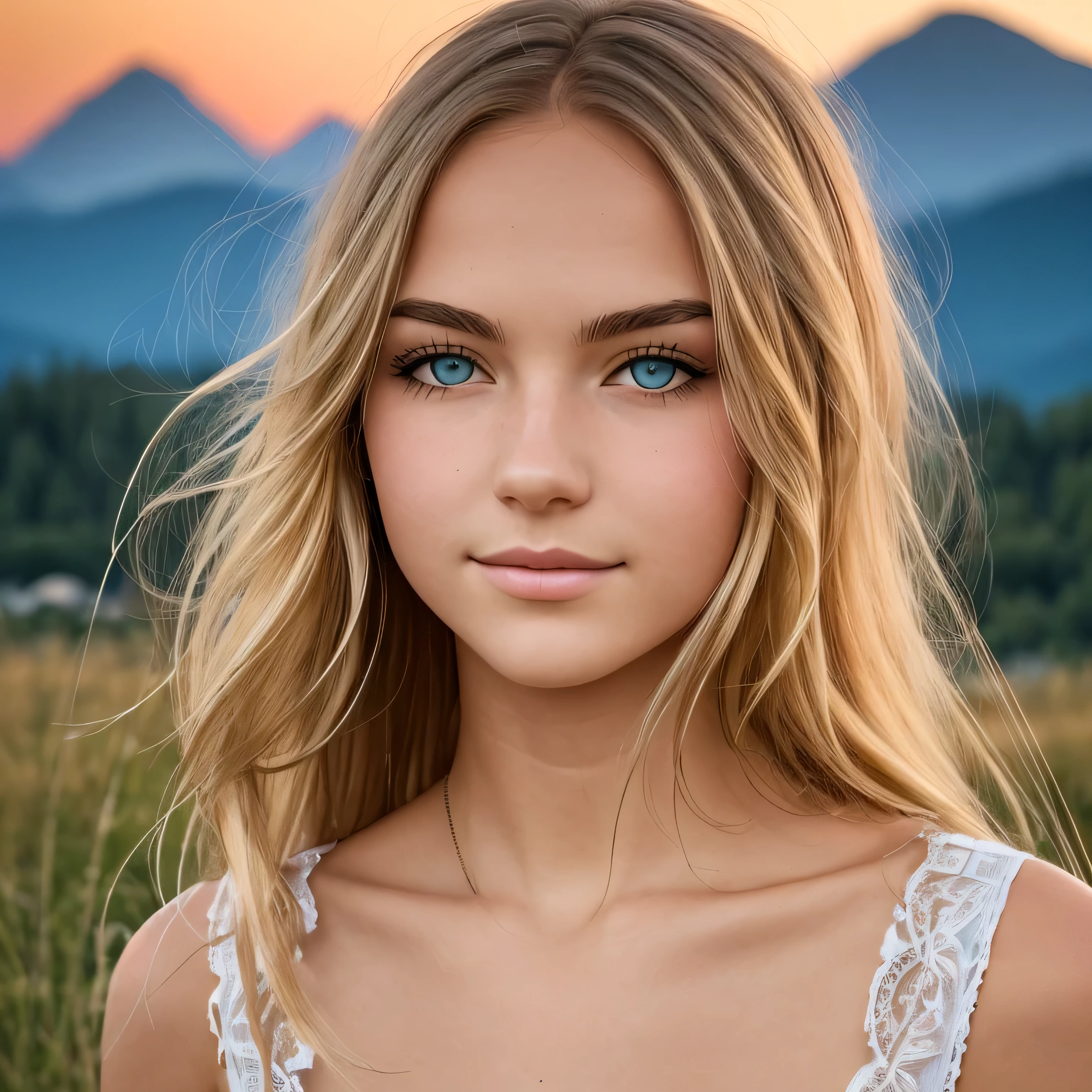 ((best quality)), ((​masterpiece)), (detailled), perfect face, 17 year old girl in front of mountains at dusk, Daughter, 18 year old, dreamy look, blond hair, blue eyes, runny, small-sized breast, Small butt, open blouse, in front of mountains, at sunset