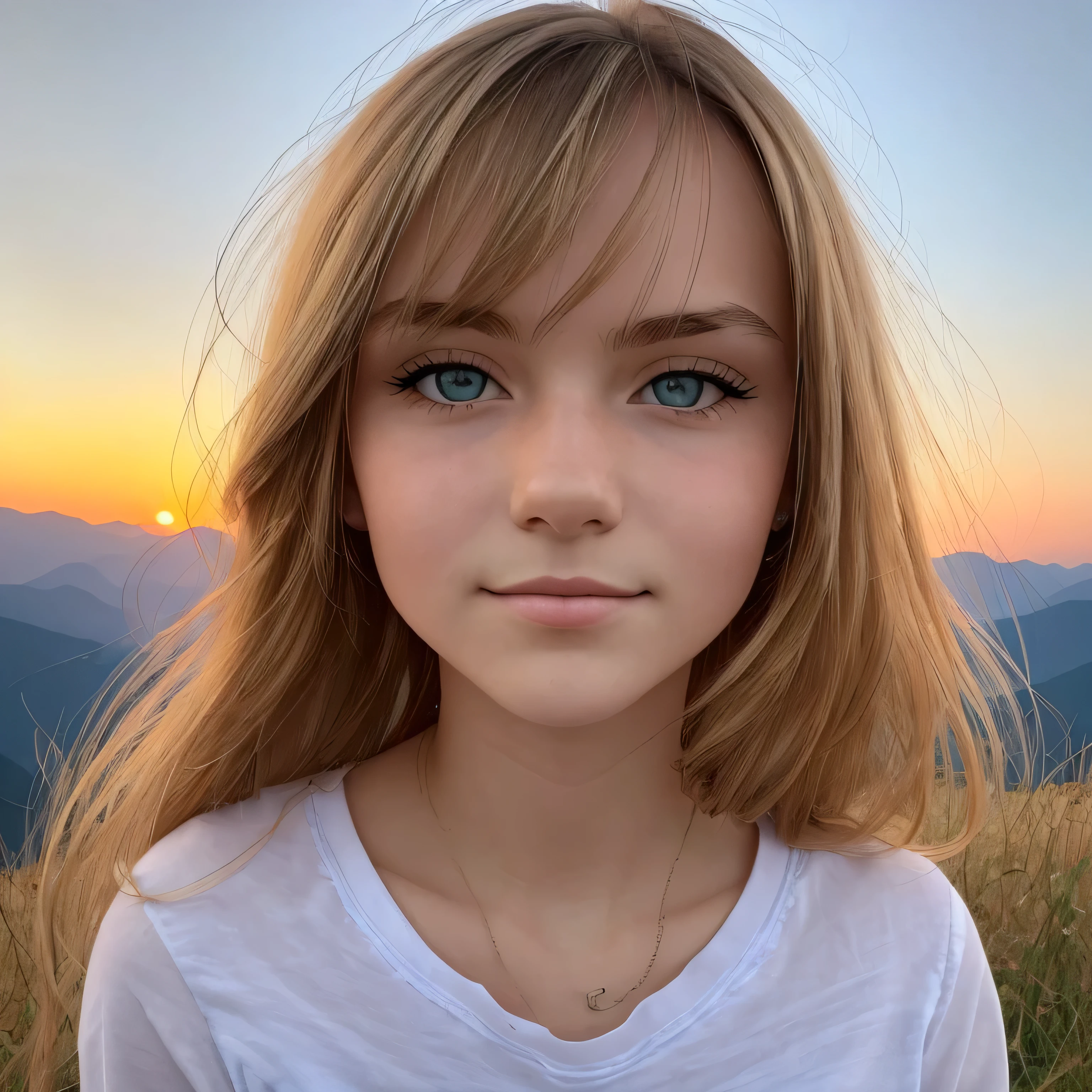 ((best quality)), ((​masterpiece)), (detailled), perfect face, 17 year old girl in front of mountains at dusk, Daughter, 18 year old, dreamy look, blond hair, blue eyes, runny, small-sized breast, Small butt, open blouse, in front of mountains, at sunset