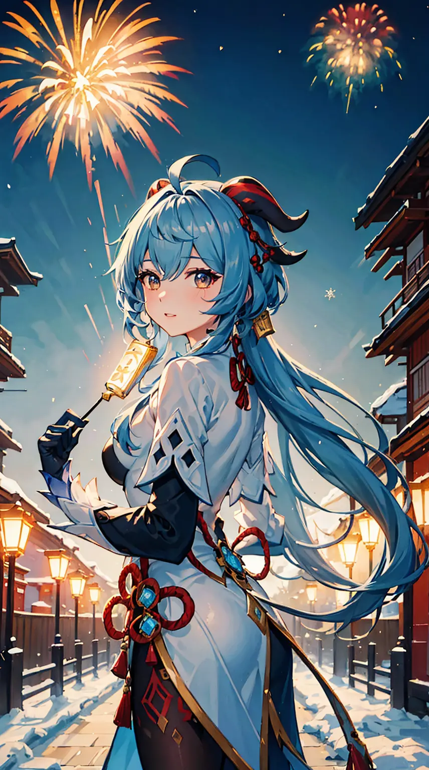 portrait,landscape,painting,illustration,ganyu \(genshin impact\),winter snowflakes fluttering,festive atmosphere,(grand firewor...