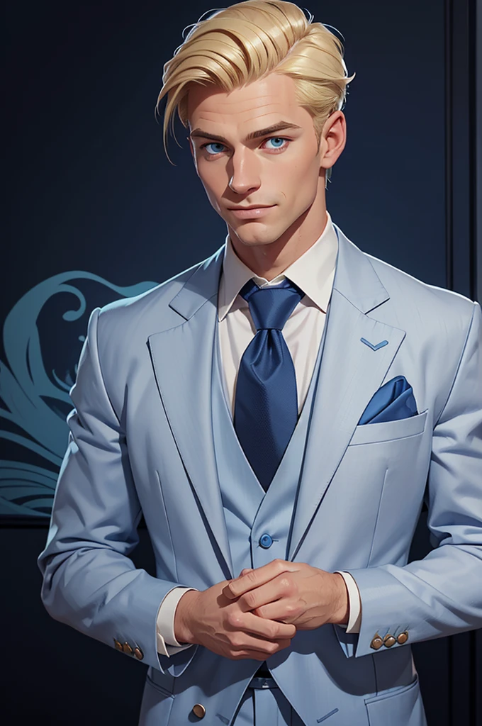 The image is a digital portrait of a man with blond hair and fair skin, wearing a finely detailed grey suit paired with a light blue shirt and a blue tie. His appearance suggests meticulous grooming, from his hairstyle to his teeth, exuding a polished and refined look. He is depicted with a slight smile and attentive eyes, focusing slightly to the left of the viewer, which lends him an approachable yet sharp demeanor. The man appears ready for a significant event, indicated by the smart attire that includes a pocket handkerchief, and the background is a deep sea blue which harmonizes with his tie and overall color palette. The portrait conveys an air of quiet elegance and professionalism.