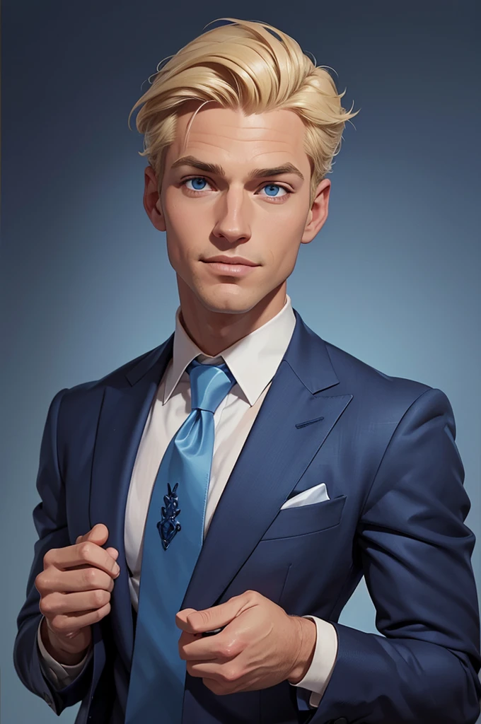 The image is a digital portrait of a man with blond hair and fair skin, wearing a finely detailed grey suit paired with a light blue shirt and a blue tie. His appearance suggests meticulous grooming, from his hairstyle to his teeth, exuding a polished and refined look. He is depicted with a slight smile and attentive eyes, focusing slightly to the left of the viewer, which lends him an approachable yet sharp demeanor. The man appears ready for a significant event, indicated by the smart attire that includes a pocket handkerchief, and the background is a deep sea blue which harmonizes with his tie and overall color palette. The portrait conveys an air of quiet elegance and professionalism.