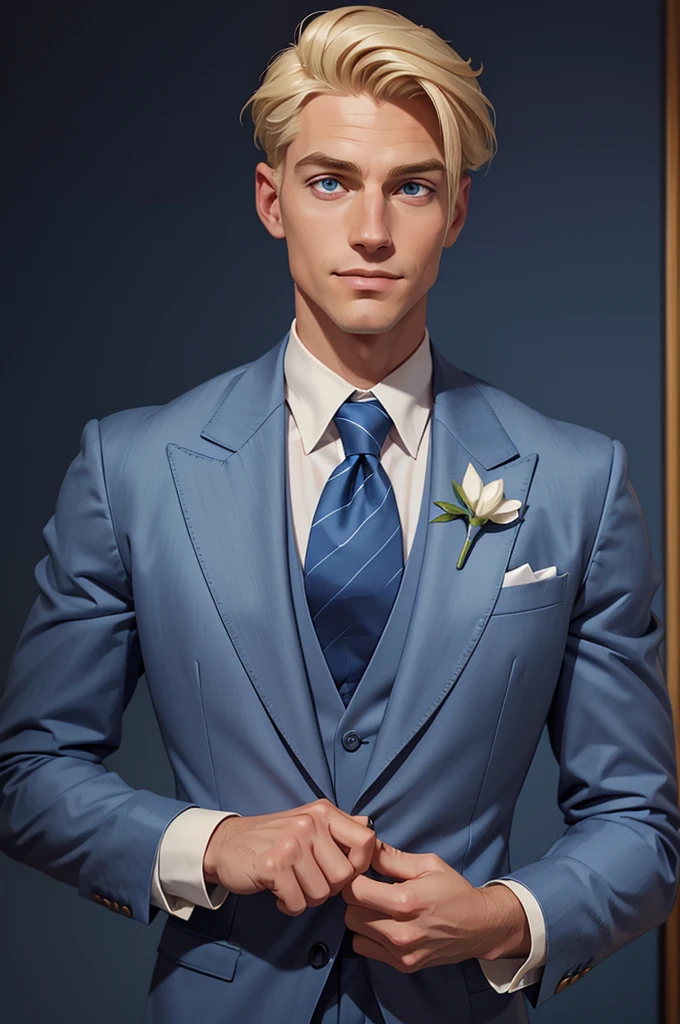 The image is a digital portrait of a man with blond hair and fair skin, wearing a finely detailed grey suit paired with a light blue shirt and a blue tie. His appearance suggests meticulous grooming, from his hairstyle to his teeth, exuding a polished and refined look. He is depicted with a slight smile and attentive eyes, focusing slightly to the left of the viewer, which lends him an approachable yet sharp demeanor. The man appears ready for a significant event, indicated by the smart attire that includes a pocket handkerchief, and the background is a deep sea blue which harmonizes with his tie and overall color palette. The portrait conveys an air of quiet elegance and professionalism.