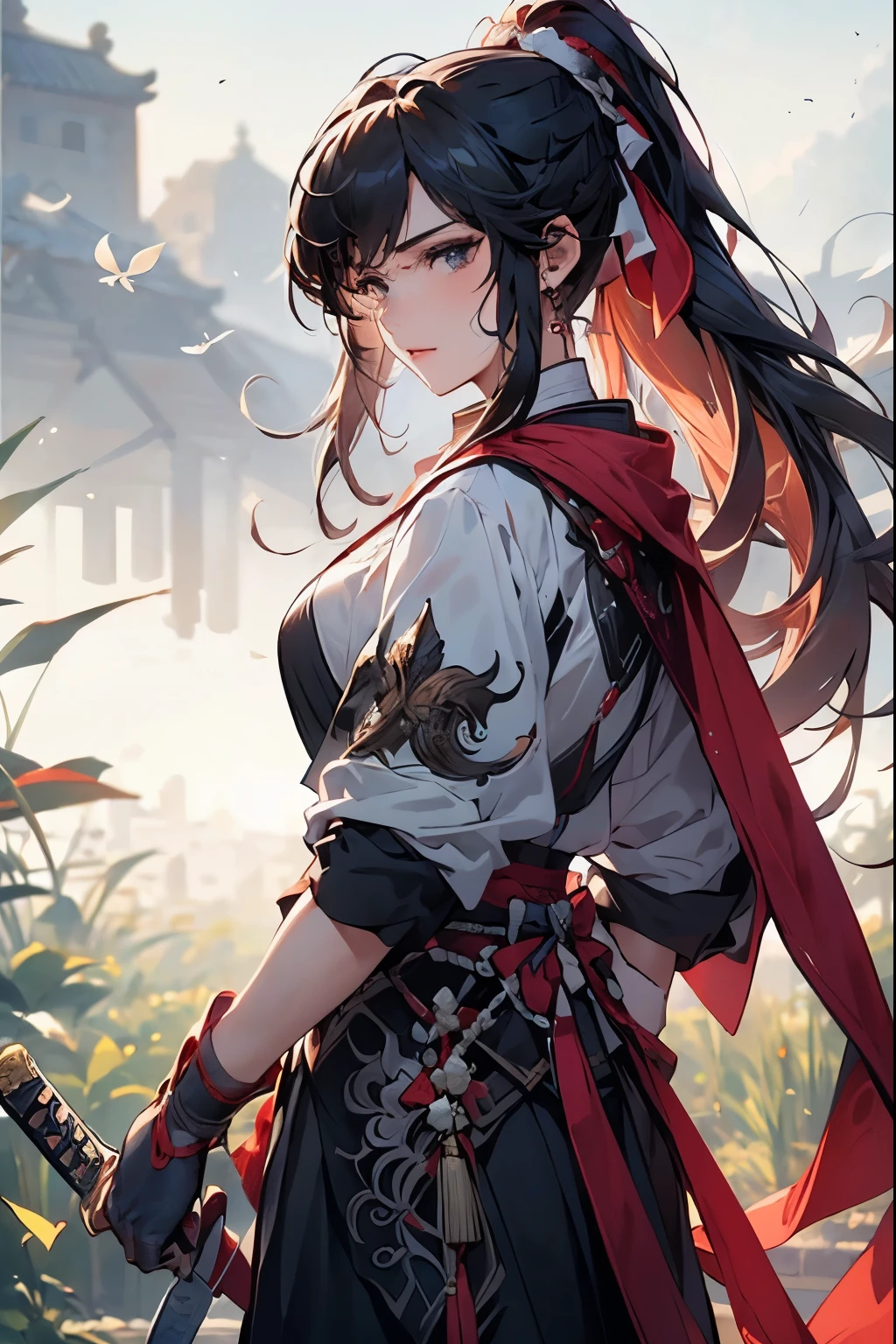 (Best quality at best,A high resolution,The image is clear，:1.2),A handsome young man holding a sword，Chinese style clothes，high ponytails，natta，Garden scene,under moonlight,starrysky