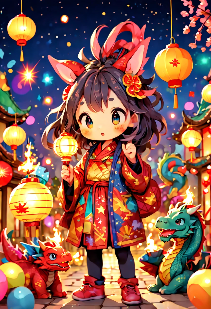 Cute graffiti, (((Vector illustration style)))，vivd colour, magical ambiance, Whimsical, Sparkling, (Fantasy 2024 Year of the Dragon), Beautiful town celebrates New Year&#39;s Day New Year&#39;s countdown，new year 2024，(Colorful lanterns and decorations)，(children playing and dancing)，(Huge countdown clock with gorgeous patternireworks in the night sky))，Performer juggling ribbons，Colorful lanterns and decorations，Performer juggling colorful ribbons，Gorgeous temple，Incense，offering offerings，People make wishes and pray，Calm lake lit with candleeautiful reflection of fireworks and lanterns，a joyful atmosphere，（best qualtiy，8k，A high resolution，tmasterpiece，ultra - detailed，UHD，hyperdetailed painting，Sharp focus，physically-based renderingt，extreme detail description，professinal，vivd colour，bokeh）