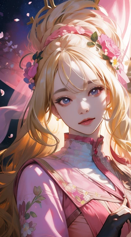 (A hyper-realistic), (hight resolution), (8K), 1girl, mature female, wavy blonde hair, long hair, beautiful detailed eyes, blunt bangs, pink dress, finely detailed eyes and detailed face, extremely detailed CG unity 8k wallpaper, intricate details, BREAK , kaleidoscopic imagery, symmetrical patterns, vibrant colors, geometric shapes, mesmerizing designs, optical illusions, dynamic composition BREAK , pantomime art, expressive body language, silent storytelling, evocative gestures, visual narratives, theatrical performances BREAK , blooming flowers, colorful petals, fragrant scents, nature's bounty, vibrant gardens, peaceful scenery